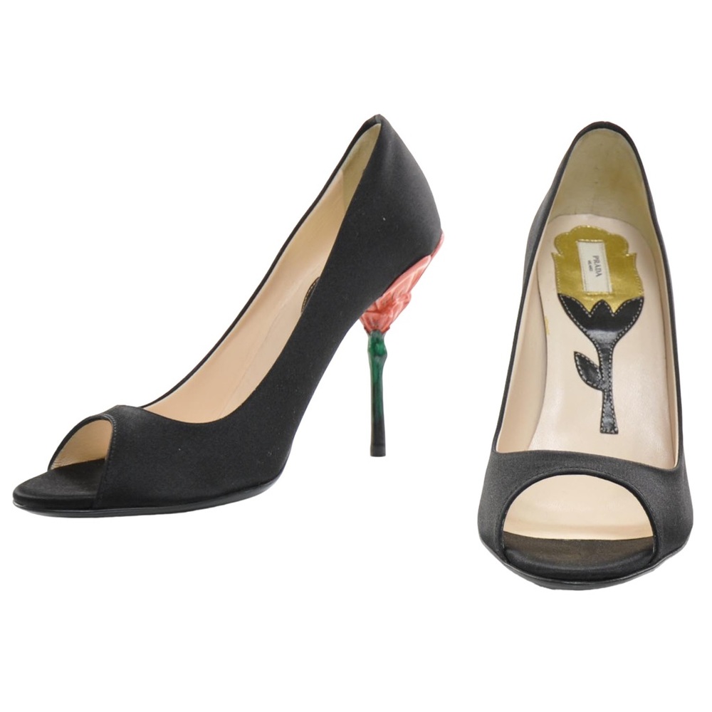 Prada Black Satin Heels w/ Tulip Design